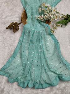 Color azul cielo Digital impreso 5,50 MTR longitud larga un minuto drapeado Sari de moda con la misma pieza de blusa para adultos especial - Product Image 4