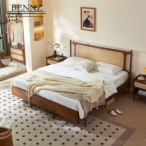 BENNZ Bliss деревянная кровать с черным орешком цвет ротанга ткацкая французская винтажная двуспальная кровать Foshan мебель