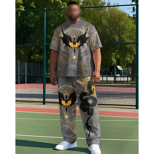 Ensemble de vêtements de sport décontractés pour hommes de grande taille, t-shirt et jogging à impression 3D, gris avec design orange et noir, pantalon à cordon - Product Image 5