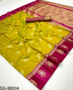 Sari de Seda Banarasi Suave de Primera Calidad con Borde de Satén Tejido para la Temporada de Bodas, Estilo Étnico con Estampado Digital - Product Image 4