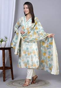 Ensemble Kurta droit en coton imprimé floral moutarde pour femmes avec col en V et manches 3/4, associé à un pantalon et un dupatta assortis - Product Image 5