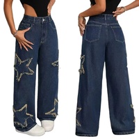 Pantalon décontracté pour femme, jean à taille haute et jambes larges, design avec étoiles, polyester et coton, séchage rapide