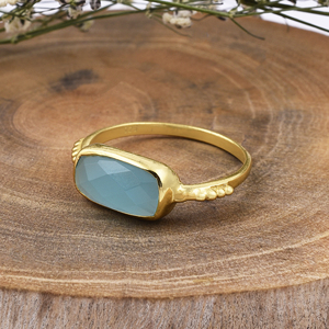 Anillo de Calcedonia Aqua de corte Baguette de Plata de Ley 925 con ajuste de bisel chapado en oro para regalos de aniversario de boda y fiestas - Product Image 5