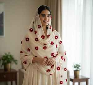 Custom Artificial Flower Pearl Dupatta Handmade Bridal Veil Henna Ceremony Chunri Nikah Stole Women Odhni Haldi Outfit Accessory - Product Image 3