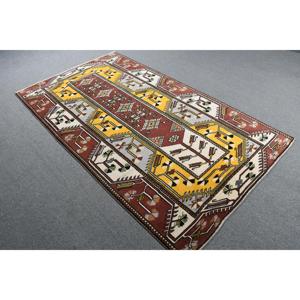 4.2x7.3 ft Vintage Area Rug, <b>Brown</b> Yellow Turkish Ikat <b>Wool</b> Rug - Product Image 2