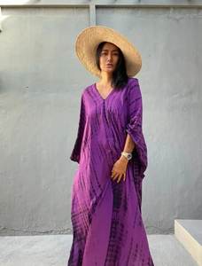 Maxi vestido bohemio púrpura Tie Dye Kaftan para mujer tamaño libre Batwing media manga Casual para nueva colección Primavera Verano playa - Product Image 3