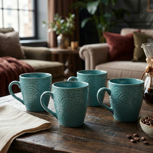 Tasses à café en céramique 3D effet mousse marine au design moderne (lot de 4) 200-360 ml en grès, compatibles lave-vaisselle pour chocolat chaud et autres boissons - Product Image 1