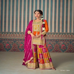 Costume de mariage exclusif en soie Chinon brodé multicolore avec Choli Salwar Kameez pour adultes - Product Image 1