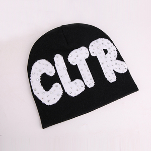 Custom Logo Rhinestones Jacquard Design Y2K Beanie Fashion Knitted Hat Embossed Print Hand Drawn Cuff Digital Printing Style - Product Image 1