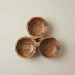 Mango Wood Serving Dish Three Compartments Round Handmade Minimalist Design With <b>Black</b> Metal Handle - Product Image 3