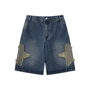 กางเกงขาสั้นผ้ายีนส์ของผู้ชายแบบสั่งทำแนวสตรีทแวร์แบบตัดและเย็บลวดลายทึบสไตล์ลำลอง - Product Image 1