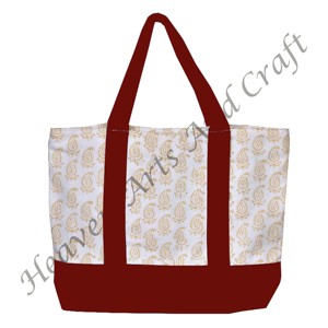 Sac fourre-tout en toile imprimé à la main avec poignée bordeaux, design floral multi-main, durable, deux bretelles, vente en gros BHCB034 - Product Image 3