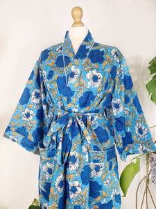 Bata de casa con estampado de bloque indio de algodón puro Kimono de verano Floral Beach Coverup Comfy Maternidad Mamá Azul Turquesa - Product Image 6