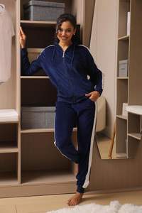 ชุดวอร์มแขนยาวแบบมีซิปสำหรับผู้หญิงชุดวอร์มผ้าแคนวาสสองชิ้นพร้อมกระดุมตกแต่งกางเกงขายาว - Product Image 2