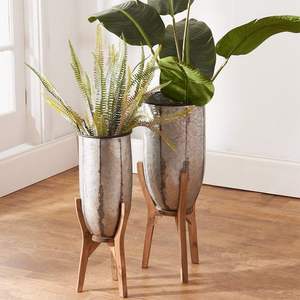 ชุด2กระถางชุบสังกะสีบนฐานไม้สำหรับตกแต่งบ้านสวนกระถางดอกไม้และเครื่องปลูกต้นไม้ - Product Image 2