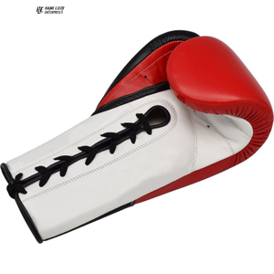 ถุงมือมวยหนังแท้แบบผูกเชือกถุงมือ2025สีแดง - Product Image 3