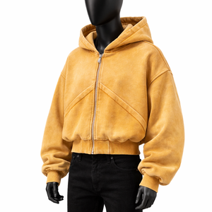 Sudadera con capucha para hombre, corta, con cremallera completa, de felpa gruesa, con lavado vintage, corte holgado, estilo streetwear, lisa, personalizable - Product Image 3