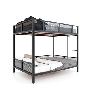 GT011 Industrial Design Solid Mango Wood Bunk <b>Bed</b> Extendable Iron Frame <b>Queen</b> <b>Size</b> 140x200cm Hand Carved Storage for Home - Product Image 4