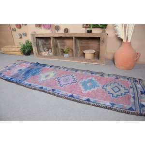 Vintage Turkish Kilim Rug 2,8 X 9,2ft Handmade Blue Pink Wool with Latex Backing for Bedroom Rectangle Patchwork Pattern - Product Image 4