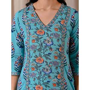 Sea Blue <b>Block</b> <b>Printed</b> Cotton Straight Fit Kurti Indian Ethnic Wear for Ladies and Girls for Special Occasions Stitched Style - Product Image 2