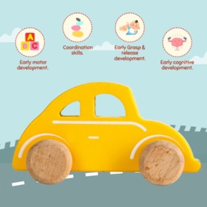 Véhicule jouet à friction en bois écologique jaune pour les centres d'apprentissage Montessori, distributeurs en gros, 2-4 ans - Product Image 5