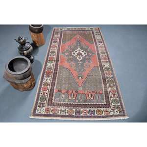 Alfombra turca Vintage, diseño de retazos rojo y gris, área grande, Material de lana de 3,7x6,8 pies con respaldo de látex para pasillo o dormitorio - Product Image 1