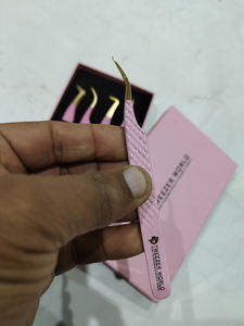 Pink Curvedd Pointed Stainless Steel Lash <b>Tweezers</b> with Fiber Tip for Eyelash Extensions - Product Image 3