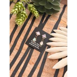 Navajo Gold Plated Drop Earrings <b>Abalone</b> <b>Shell</b> Sterling Silver Post Dangle Cute Geometric Design Pearl Diamond Handmade Navajo - Product Image 3