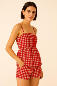 แฟชั่นลำลองของผู้หญิงชุดเสื้อผ้าสองชิ้นสำหรับฤดูร้อนเสื้อคอตตอนสีแดงและสีขาวพร้อมกางเกงขาสั้นหวานชุดรัดเอวยางยืด - Product Image 2