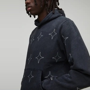 Sweat à capuche personnalisé pour homme, 320g, entièrement orné de cristaux, coupe oversize, en coton épais et lourd, noir, coupe carrée, anti-boulochage - Product Image 2