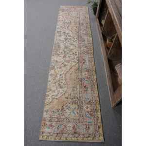 Tapis Turc Vintage Classique Beige Bleu Fait Main Laine Patchwork Design 2.1x8.7 pieds Rectangle pour Salon Chambre Support en Latex - Product Image 1