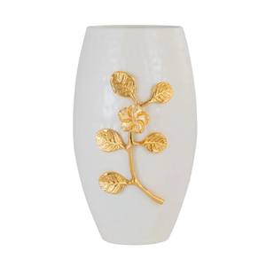 Juego de florero de metal hecho a mano de 2 jarrones de hierro texturizados blancos con diseño de hoja y Flor de latón dorado para decoración del hogar - Product Image 3