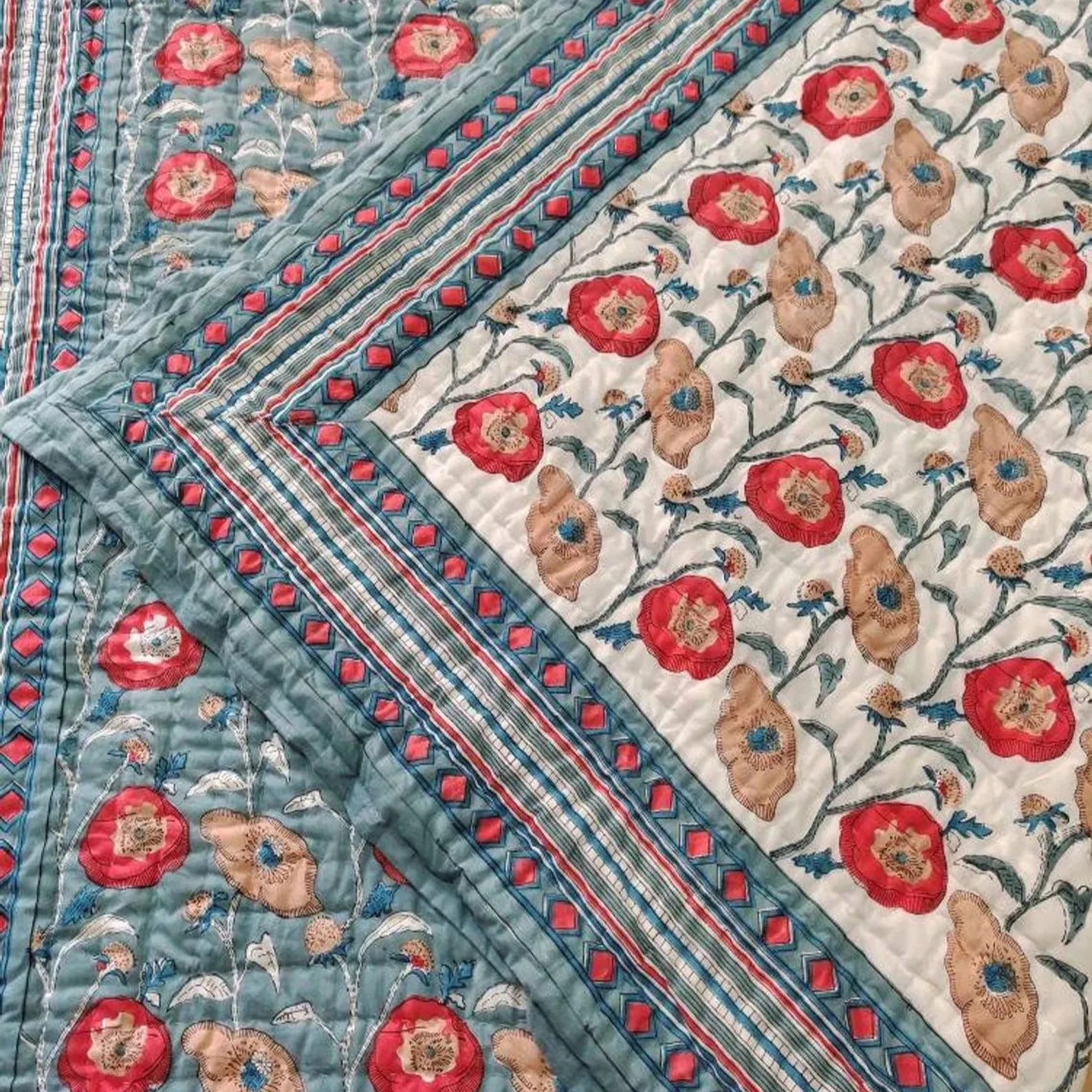 Floral Print Hand Block Printed Hand Made Soft Cotton Quilts Throws Bedspreads Blankets Jaipuri Dohar In High Quality