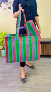 Bolsas de compras reutilizables a rayas de PP tejidas recicladas de nailon ecológicas Supermercado hecho de plástico de polipropileno reciclado sostenible - Product Image 5