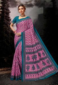 Puro pesado Malai algodón Ajarakh impreso Sari para mujeres venta en línea - Product Image 2