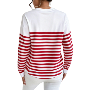 Women's Winter Knitted Striped Long Sleeve Crew Neck Casual <b>Heart</b> Print Soft Comfortable Slim Fit Fashion Daily Wear T-Shirt - Product Image 2
