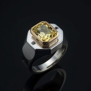 Bold Thai Jewelry OEM Anillo de plata para hombre Corte Esmeralda Zafiro amarillo con acento negro Chapado en rodio para boda o fiesta - Product Image 2