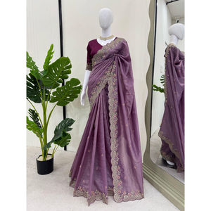 Sari elegante para fiesta en tela de seda crujiente con hilo y trabajo de secuencia + blusa sin costuras - Product Image 1