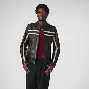 Chaqueta de corredor vintage negra para hombre con rayas blancas-Estilo de motocicleta retro clásico para uso diario - Product Image 5