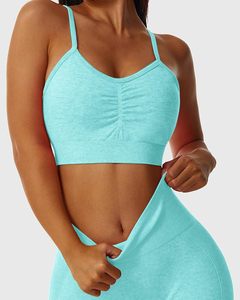 Conjunto de gimnasio de entrenamiento de 2 piezas de Color sólido ecológico para mujer, Sujetador deportivo transpirable, mallas frontales sin costuras, cintura elástica para Yoga - Product Image 5