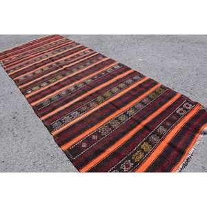 Tapis turc traditionnel à rayures orange marron 4.8 X 12.7ft laine viscose Latex pour salon couloir Rectangle pour adolescents - Product Image 2