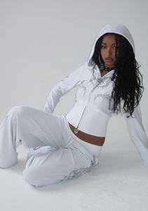 Ensemble de survêtement tendance pour femmes, hiver, poids lourd, 100% coton, à capuche, uni, avec strass scintillants, deux pièces, en polaire, hip-hop, décontracté - Product Image 4