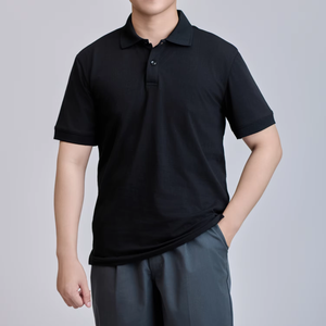 Camiseta de Manga Corta para Hombre, Corte Regular, Tejido de Punto TC de 200g, 60% Algodón + 40% Poliéster |   Camisa Casual Negra con Botones y Logotipo Frontal - Product Image 1