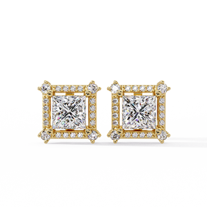 Beautiful Halo Set IGI Certified Princess Cut Lab Grown Diamond <b>Stud</b> Earring 14K Solid Gold Round Accent Earrings Bridal Jewelry - Product Image 2