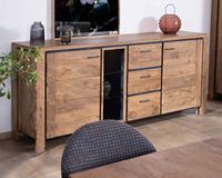 Grand buffet 215 cm en acacia massif avec relief noir, tiroirs et niche avec étagères en verre Fantaisie