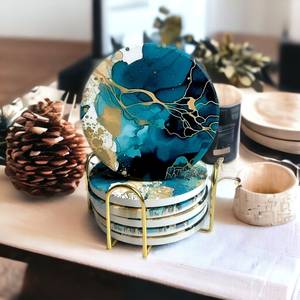 Teal Marble Ceramic Coasters With Gold Holder Set Of 6 - Product Image 5