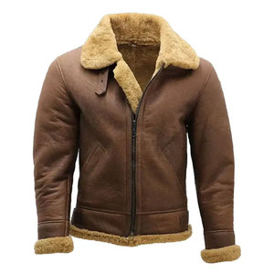 Premium <b>Men's</b> Brown Genuine Leather <b>Shearling</b> <b>Jacket</b> Turn Down Collar Zip Closure Winter Warm Fur Lined Coat - Product Image 1