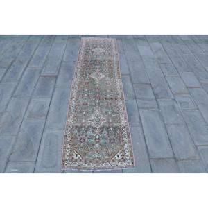 2.6x9.8 ft Vintage Runner Rug, <b>Brown</b> Blue Turkish Polka dot <b>Wool</b> Rug - Product Image 1