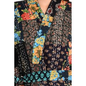 <b>Kantha</b> Stitch 100% Cotton Reversible Long Kimono Women <b>Jacket</b> Handmade Stitch Robe Black Patchwork Print Swimsuit Cover Ups - Product Image 2