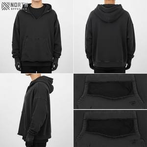 Topshow Streetwear alta calidad Vintage rasgado cuello en V en blanco gota hombro francés Terry ácido lavado desgastado recortado Sudadera con capucha hombres - Product Image 1